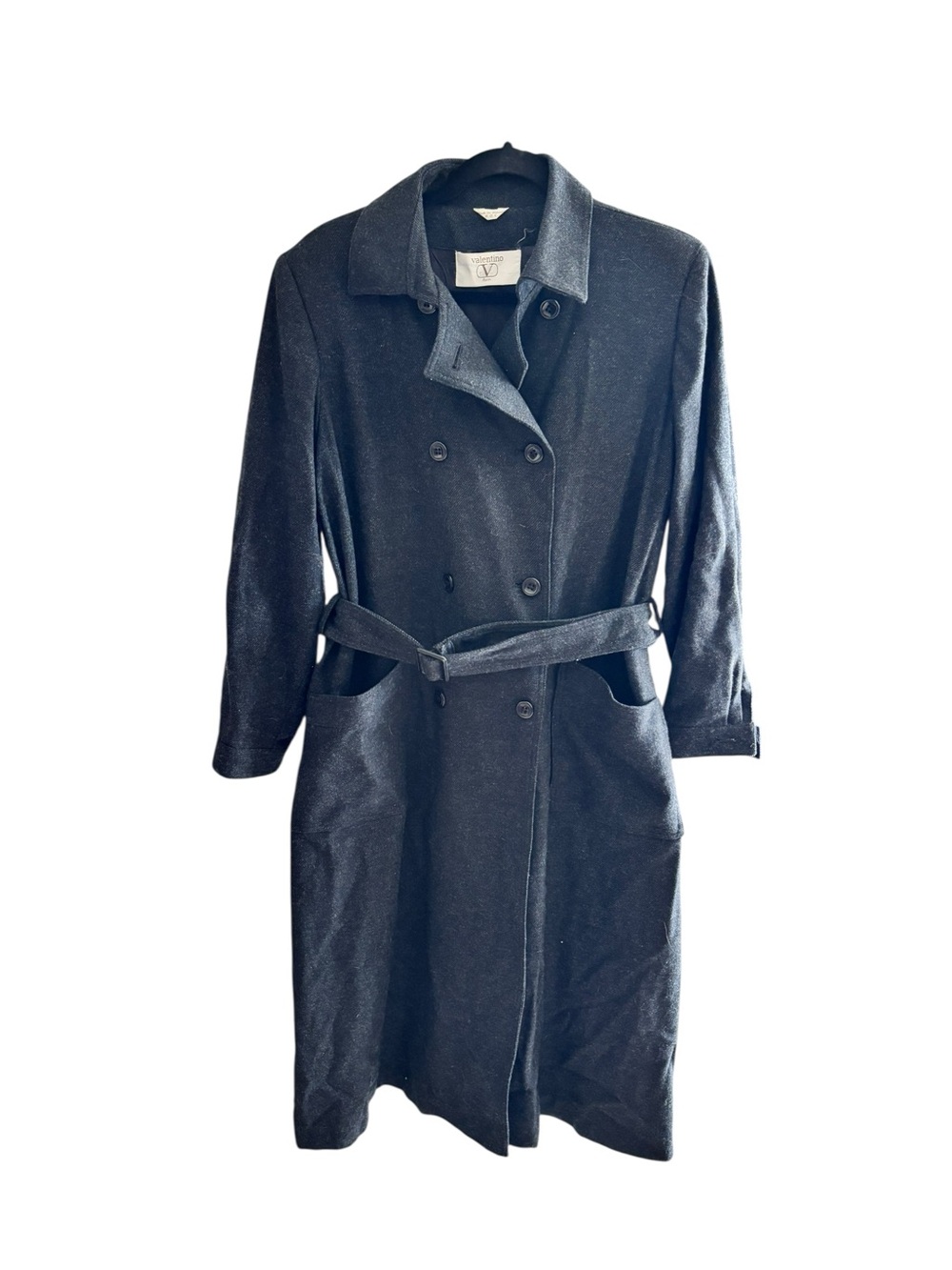 Vintage Valentino Rain Women’s Wool Blend Belted Trench Coat Black Size 12
